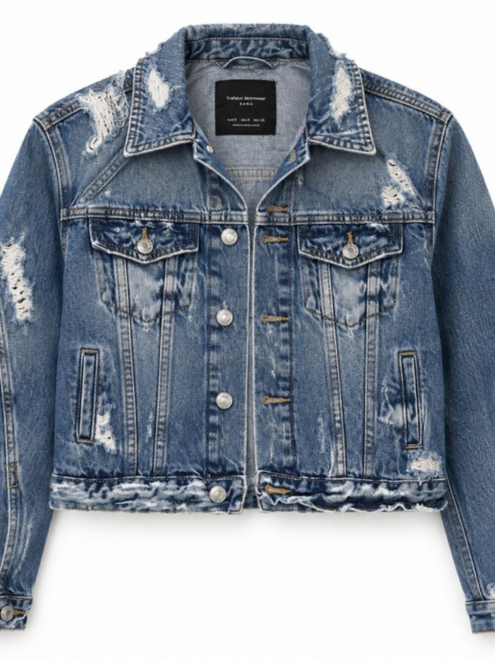 Zara Trafaluc Distressed Cropped Denim Trucker Jacket | S